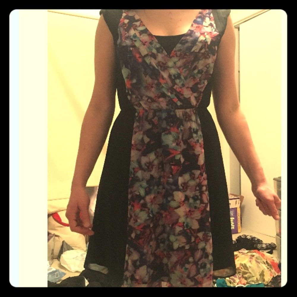 Black dress with purple flowers.